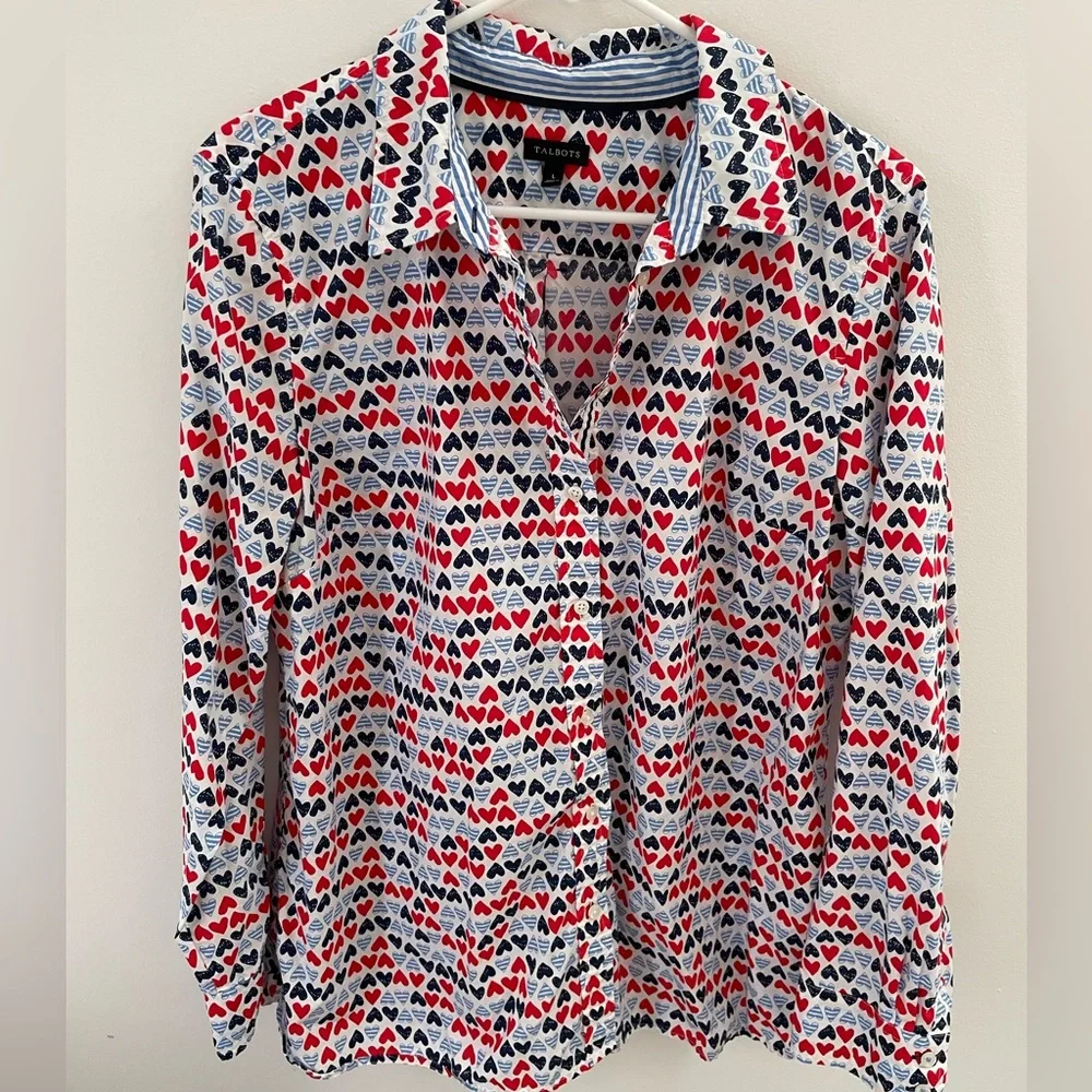 Talbots Red, White and Blue Heart Print Shirt - Picture 2 of 7